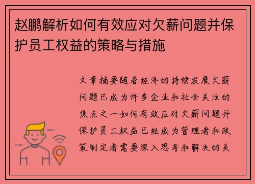 赵鹏解析如何有效应对欠薪问题并保护员工权益的策略与措施 赵鹏解析如何有效应对欠薪问题并保护员工权益的策略与措施